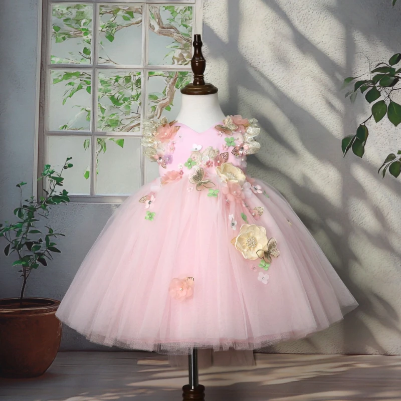 Eid Kids Clothing Gown Floral First Birthday Applique Lolita Girls Princess Costume Flower Girl Wedding Puffy Tulle Dress 3D
