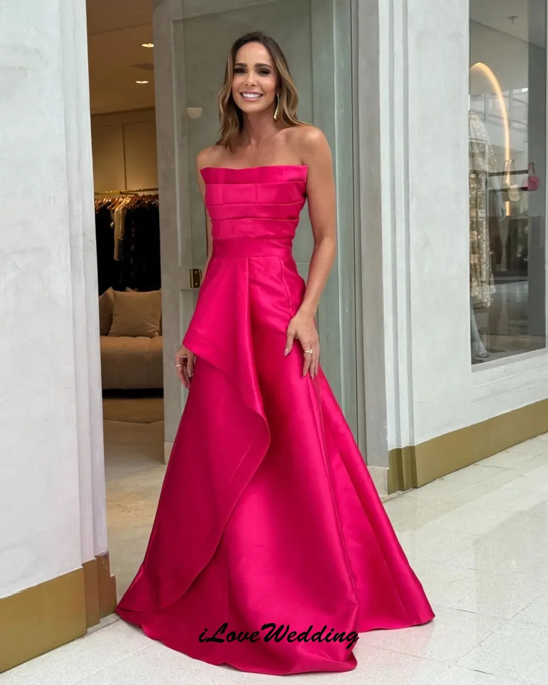 فساتين حفلة موسيقية طويلة بدون حمالات باللون الوردي الساخن على شكل حرف a فستان أنيق لحفلات الزفاف مطوي فساتين رسمية بدون أكمام فستان سهرة مخصص #2