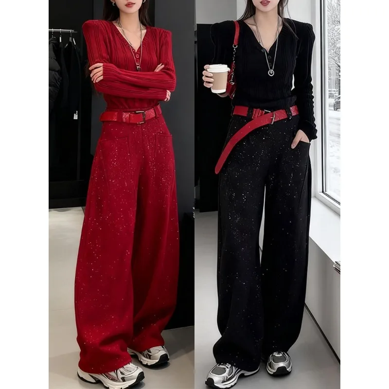 A Trendy Stylish Winter Set Women Featuring Slim-fit V-neck Short Top Thick Wide-leg Pants High-end Fashionable Women's Clothing