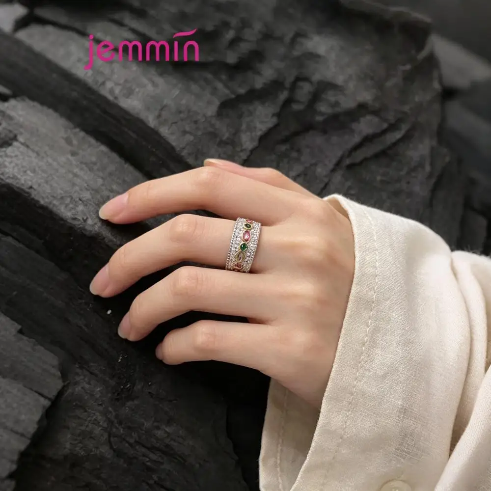Vintage 925 Sterling Silver Lace Colorful Crystal Zircon Open Resizable Rings for Women Girls Anniversary Party Jewelry Gifta