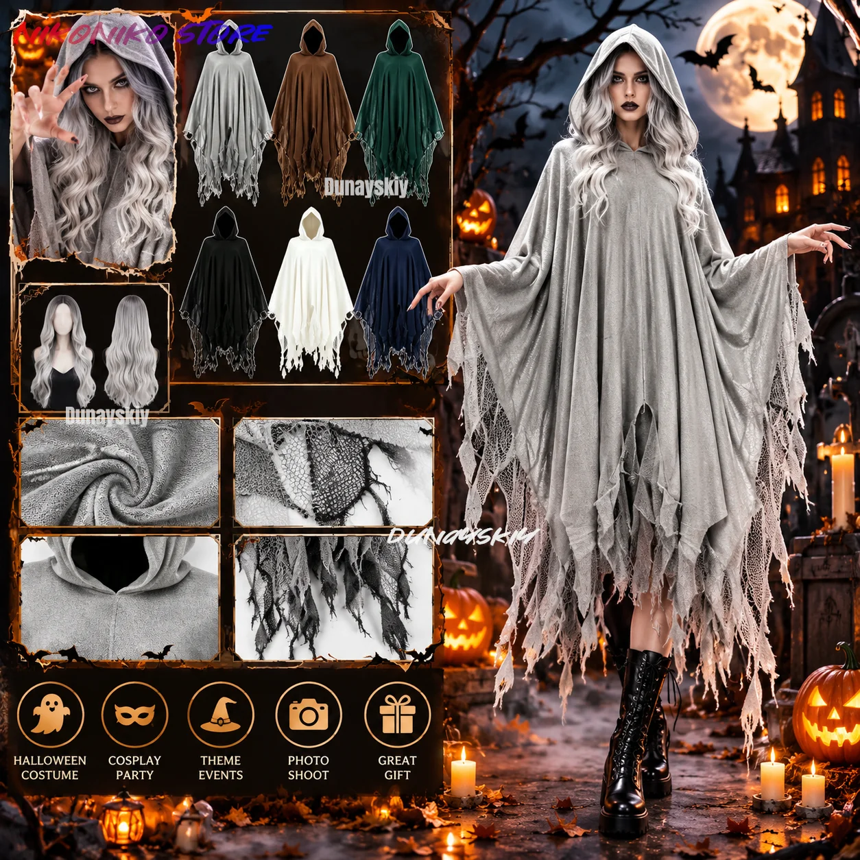 Costume de cosplay de Démens, unisexe, style gothique, horreur, zombie, vampires, capes à capuche, accessoires de fête du Jour des Morts, manteaux.