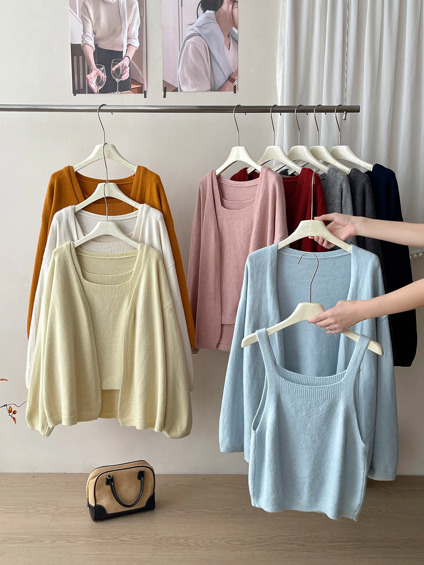 

Women's Autumn Winter Two Pieces Cardigan Set Lady Open Stitch Loose Long Sleeve Cardigan + Square Neck Short Tank Top