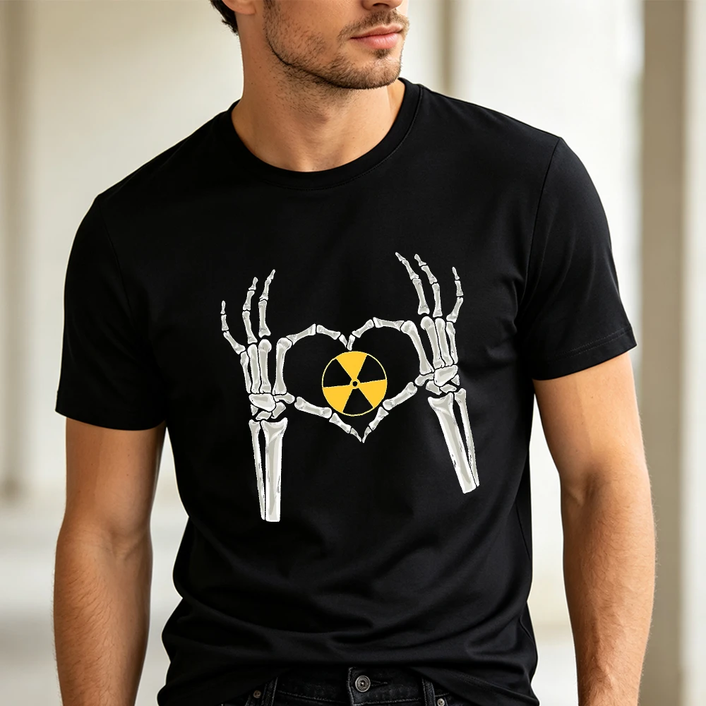 Skeleton Hands Nuclear Radiation Heart T Shirt Men Atomic Hazard Symbol Print Tee Black Science T Shirt