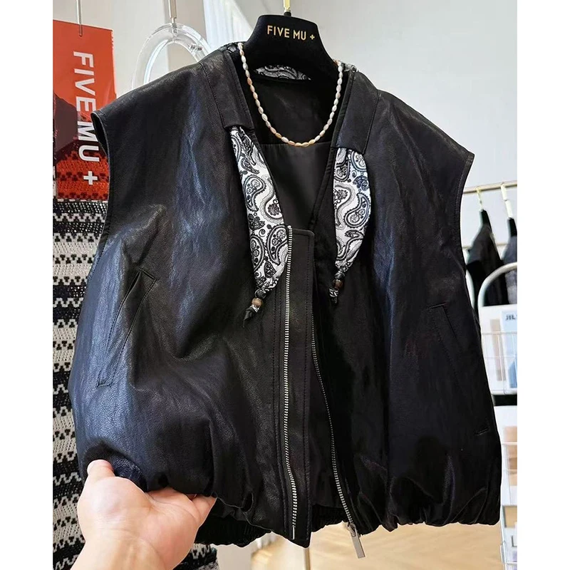Women Faux Leather Vest Paisley Strap Zip Up Jacket V Neck Sleeveless Drawstring Hem Pu Black Retro Y2K Motorcycle Top Coat