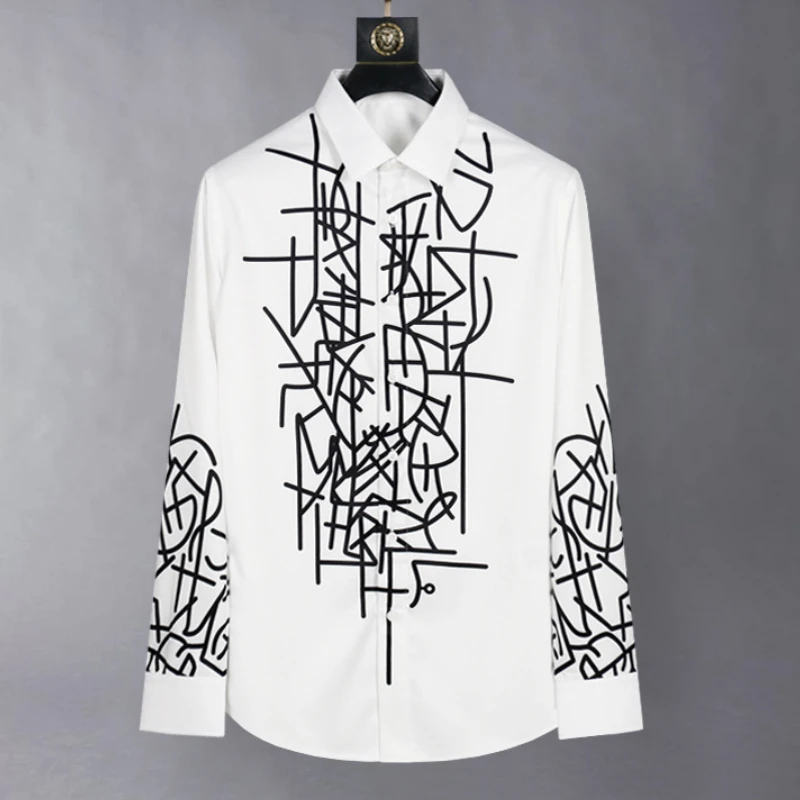 2025 Summer Letter Graffiti Printed Shirts Men High Quality Casual Business Shirt Long Sleeve Social Banquet Party Blouse
