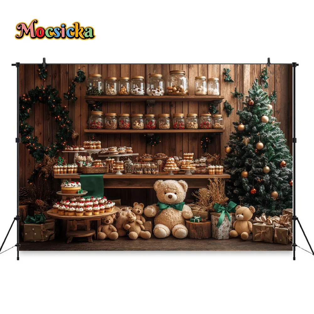 Christmas Gingerbread Cookie House Background Toy Bear Xmas Tree Wooden Shelf Backdrop Kid Winter Birthday Portrait Photo Studio