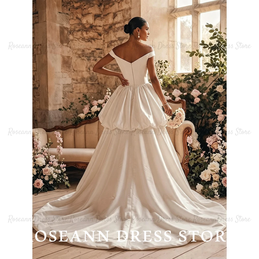 Roseann Wedding Dresses Off‑the‑Shoulder Satin Long Ball Gown vestido de novia Tiered Ruffle Chapel Train Bridal Gown Customized
