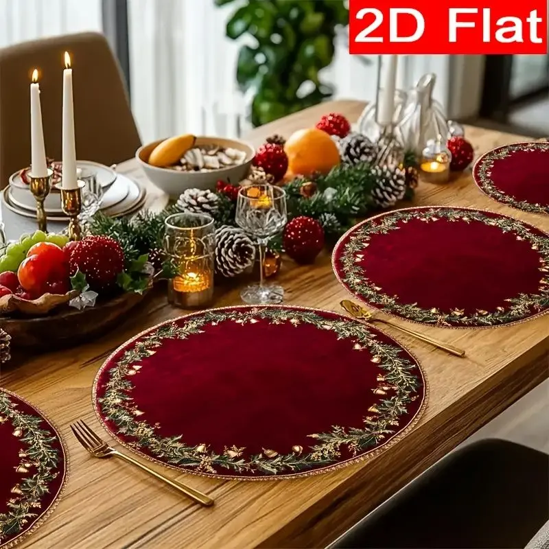 VIKAMA 2/4/6Pcs Round Christmas Placemats Burgundy Gold Holly Border Washable Heat‑Resistant Table Mats Dining Home Decor