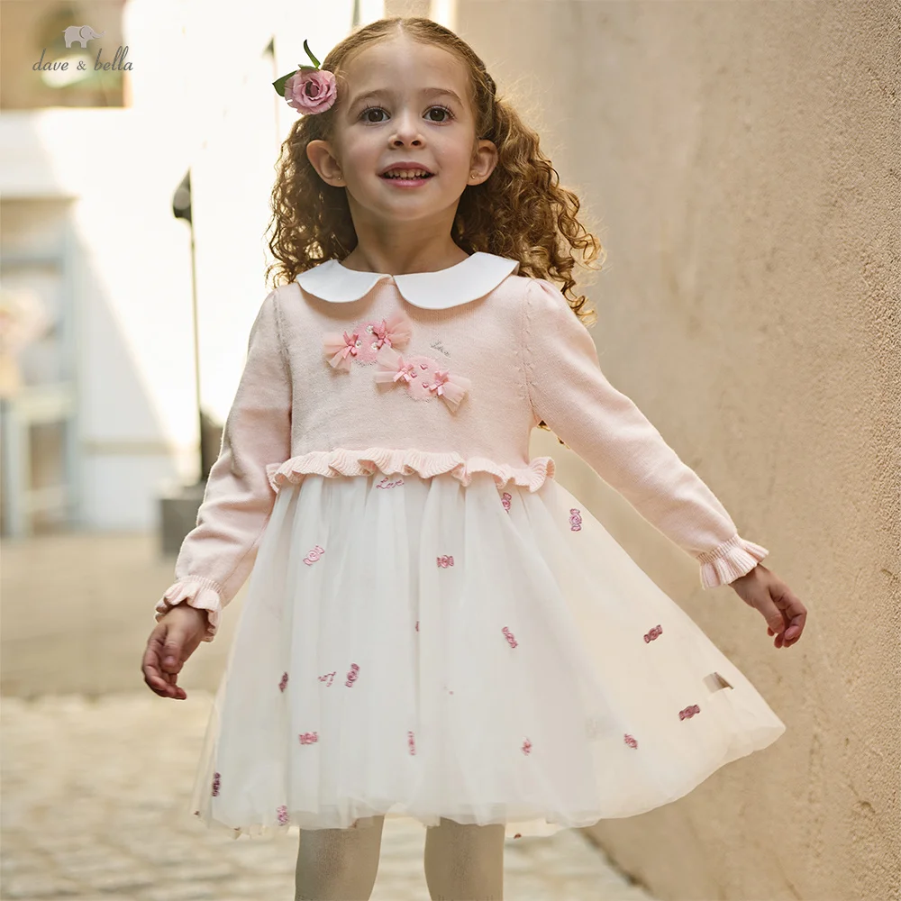 

Платье-свитер для девочек Dave Bella, весна-лето, хлопковая сетчатая юбка с длинными рукавами для маленьких детей, милая верхняя одежда, детская одежда DB1260232