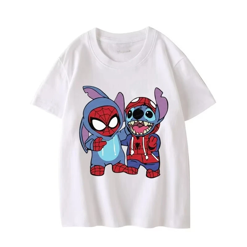 

MINISO Disney Cartoon Fun Pattern T-shirt Spider Role Playing Printed T-shirt Women's Casual Loose Summer Short Sleeved T-shirt