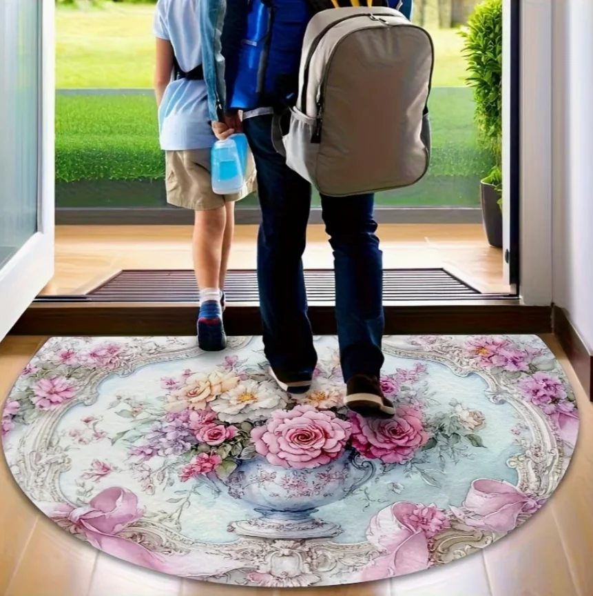 Vintage Floral Vase Half Round Door Mat Washable for Entryway Living Room Bedroom Kitchen Shabby Chic Rustic Home Decoration