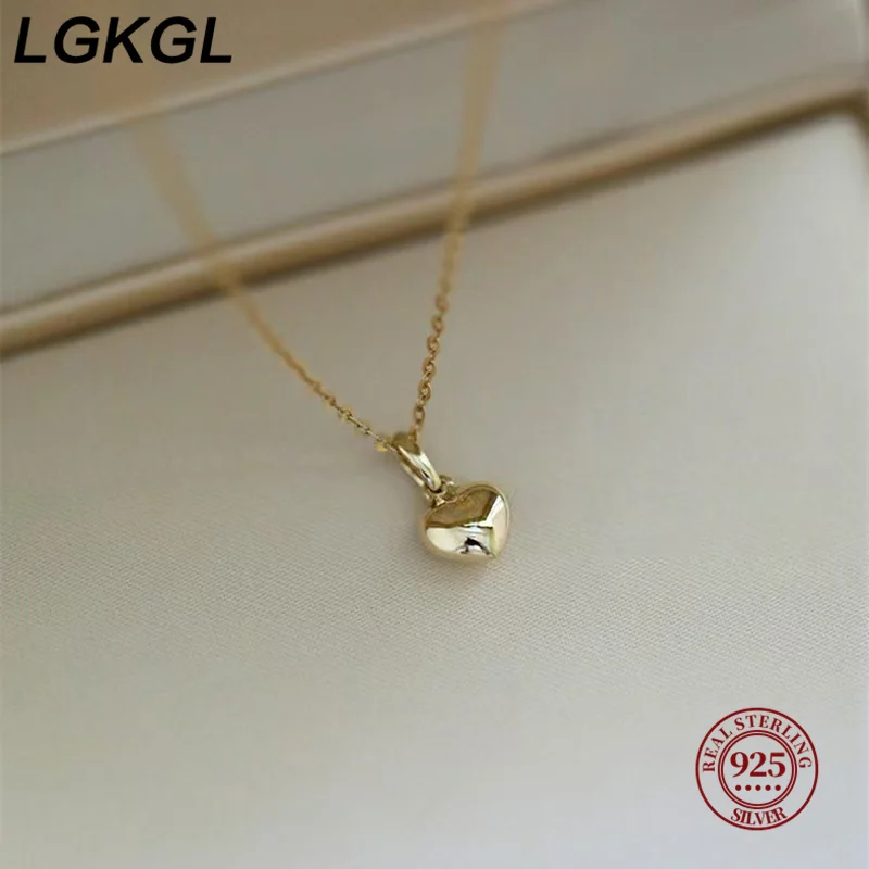 LGKGL S925 Sterling Silver 14K Gold Plated Heart Necklace Smooth Surface 3D Heart Pendant Lockbone Chain for Women