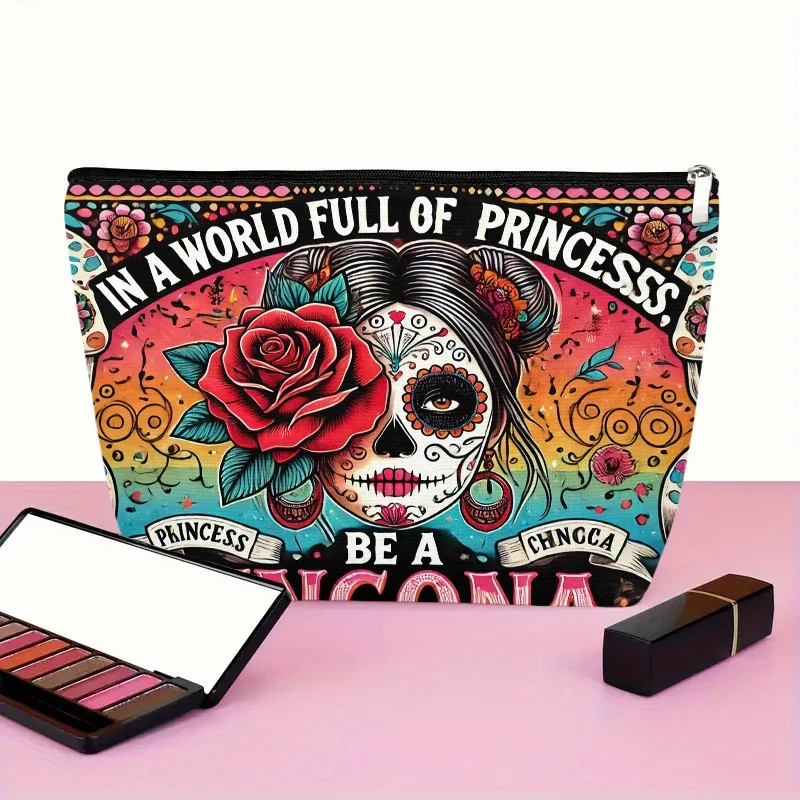 花と頭蓋骨の化粧品バッグ - 女性用のかわいい多機能ジッパーポーチ、ジュエリー収納バッグ