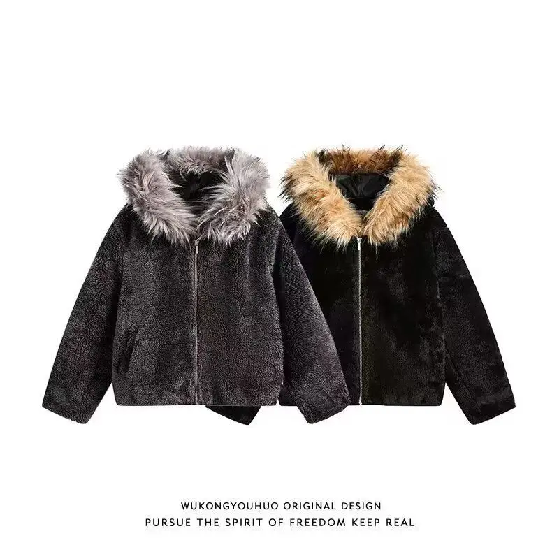 

Корейский утолщенный меховой воротник, осенне-зимняя модная мужская и женская свободная повседневная куртка-кардиган с капюшоном в американском стиле ретро
