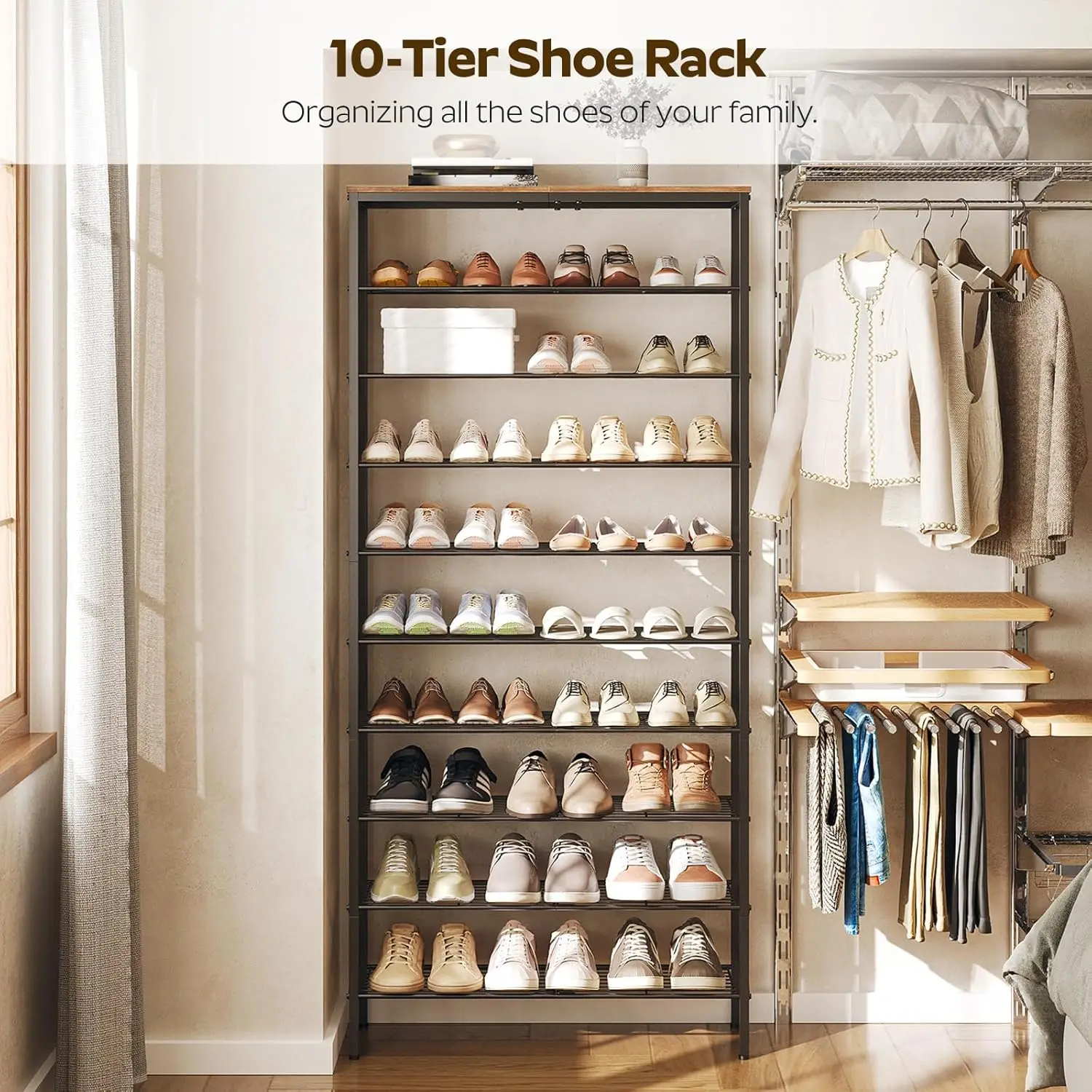 10 Tier Shoe Rack, Shoe Storage Organizer, Large Capacity Shoe Shelf Holds 40 Pairs of Shoes, Durable and Stable