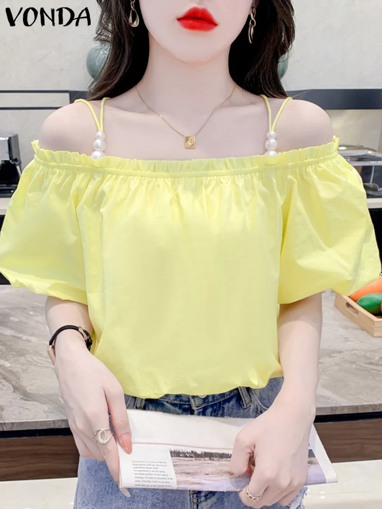 VONDA Women Blouses Summer Sexy Off Shoulder Tops 2024 Causal Fashion Bead Solid Shirts Loose Short Puff Sleeve Blusas Femininas