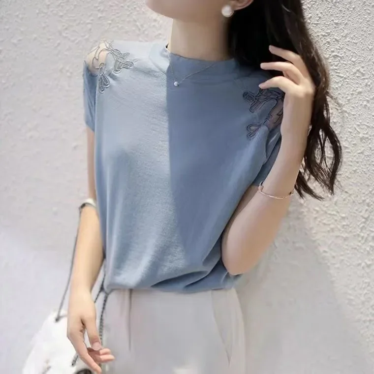 Caofeimao Fashion Embroidery Spliced Lace Gauze Blouse Women Clothing 2025 Spring New Casual Pullovers Tops Loose Commute Shirt