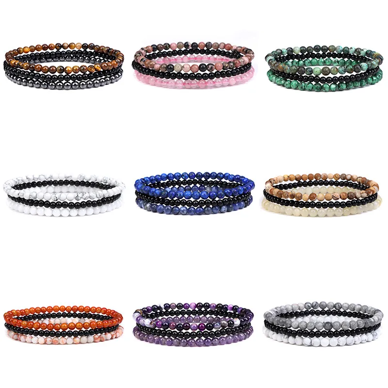 3Pcs/Set 4mm Natural Stone Bracelet Pink Quartzs Jaspers Rhodonite Beads Bracelets For Women Men Jewelry Gift Healing Energy