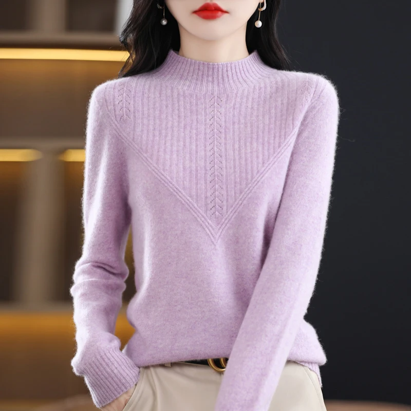 Women's Clothing 100% Merino Wool Knitted Tops Slim Fit Fashion Half High Neck Pullover Spring Autumn Long Sleeved Base Shirt