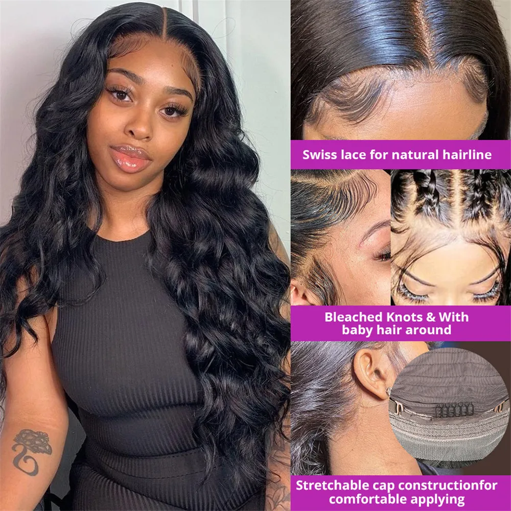 Perruque Full Lace Wig Body Wave brésilienne naturelle, cheveux humains, pre-plucked, 360 HD, 13x4 13x6, 36 40 pouces, 100% de densité, pour femmes