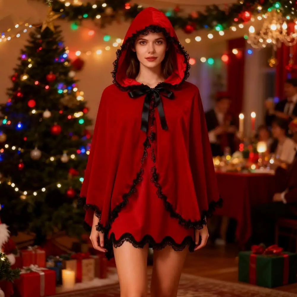 Velvet Wizard Witch Cape Christmas Red Cloak Lace Edge Hooded Short Cloak Cosplay Performance Hood Cape Medieval Costume 80%