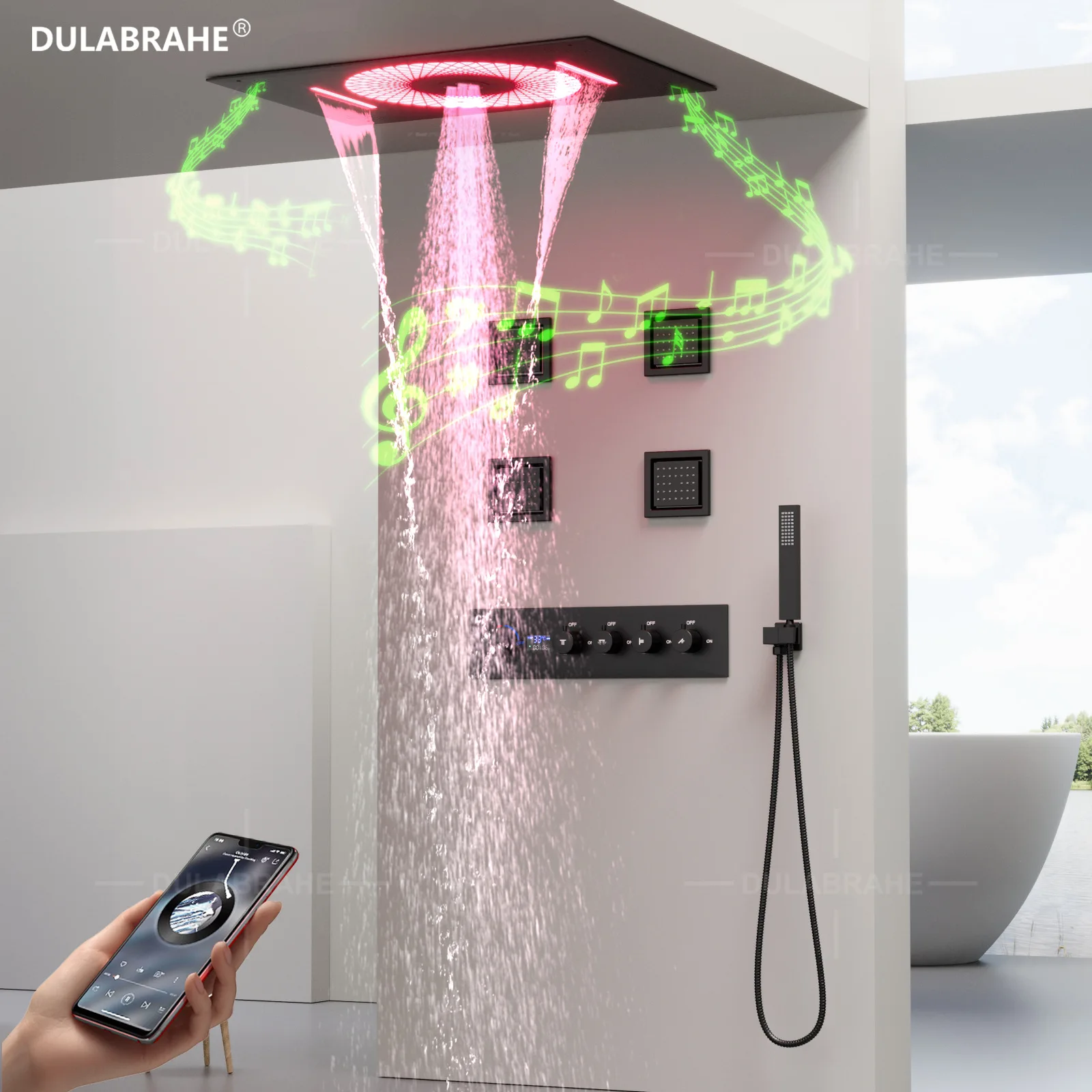 Black Ceiling Embedded Digital Shower Valve 600x400mm with LED Concealed Music System Cold And Hot Water Compatible