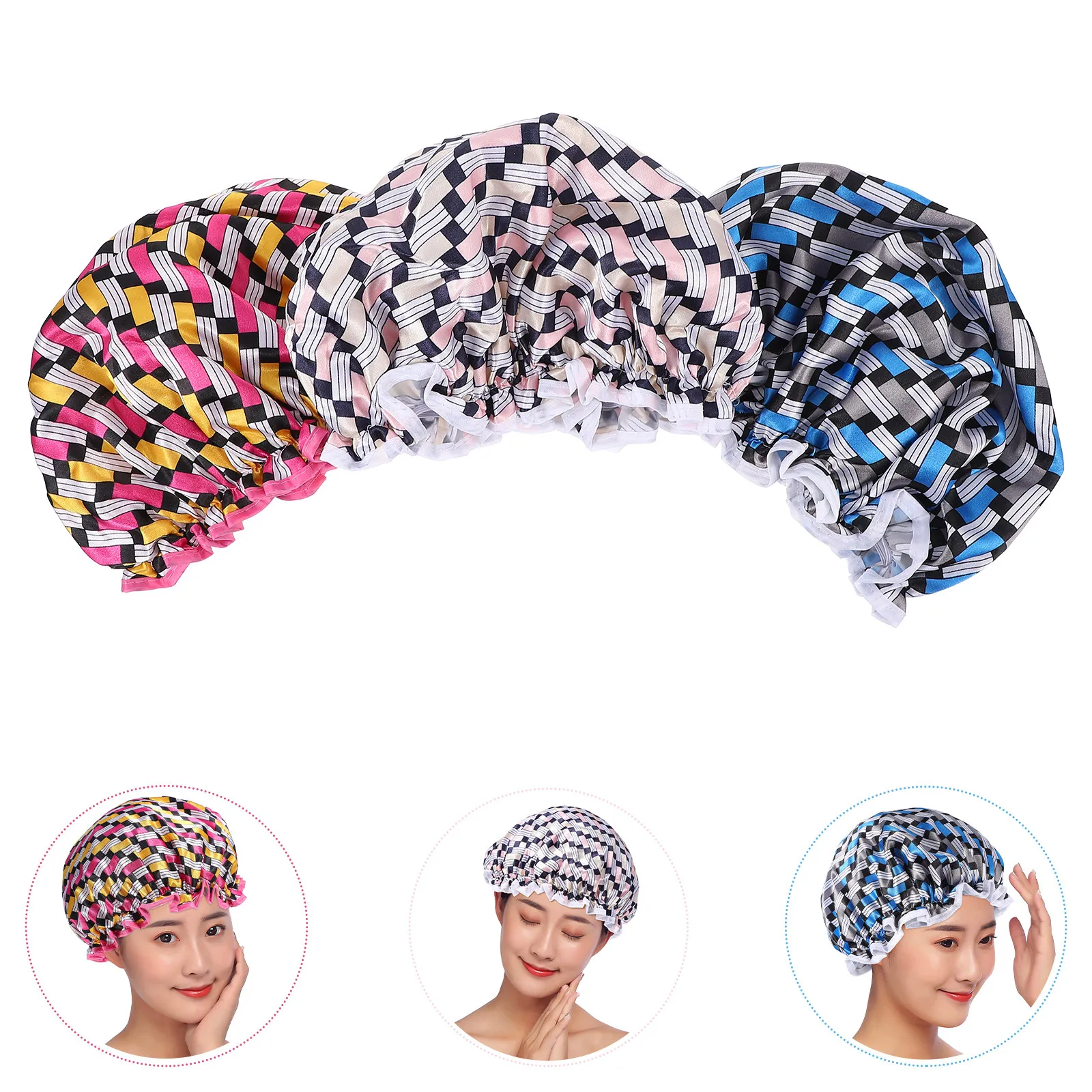 

Набор из 3 экологичных водонепроницаемых шапочек для душа для женщин, двухслойный дизайн, для купания, умывания и макияжа