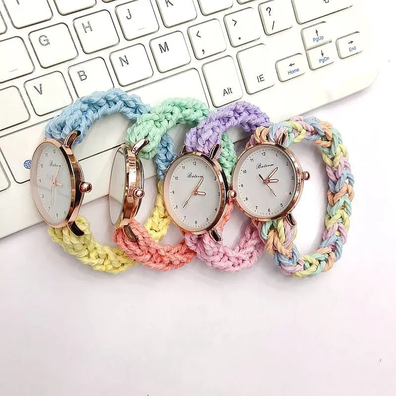 Jam Tangan Rajut Warna Campuran Modis untuk Wanita Jam Tangan Wanita Quartz Sederhana Jam Tangan Wanita Kreatif Tali Elastis Reloj Mujer