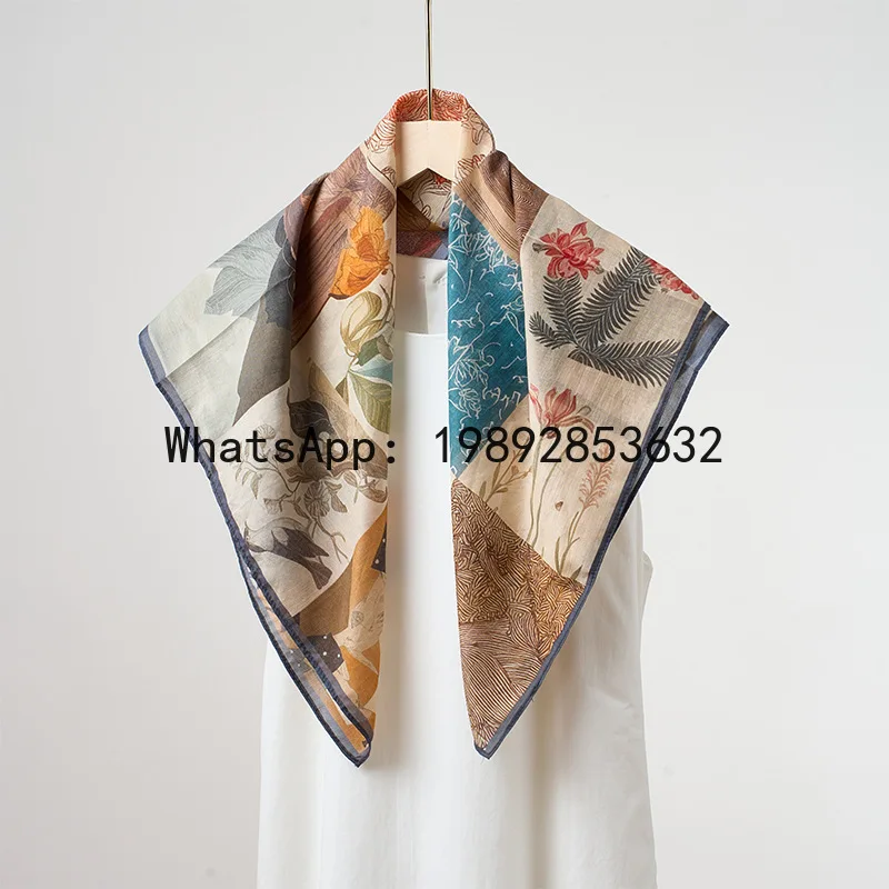 

Spring and summer light and breathable square scarf easiest for matchprinting mulberry silk cotton blended women's silk scarf