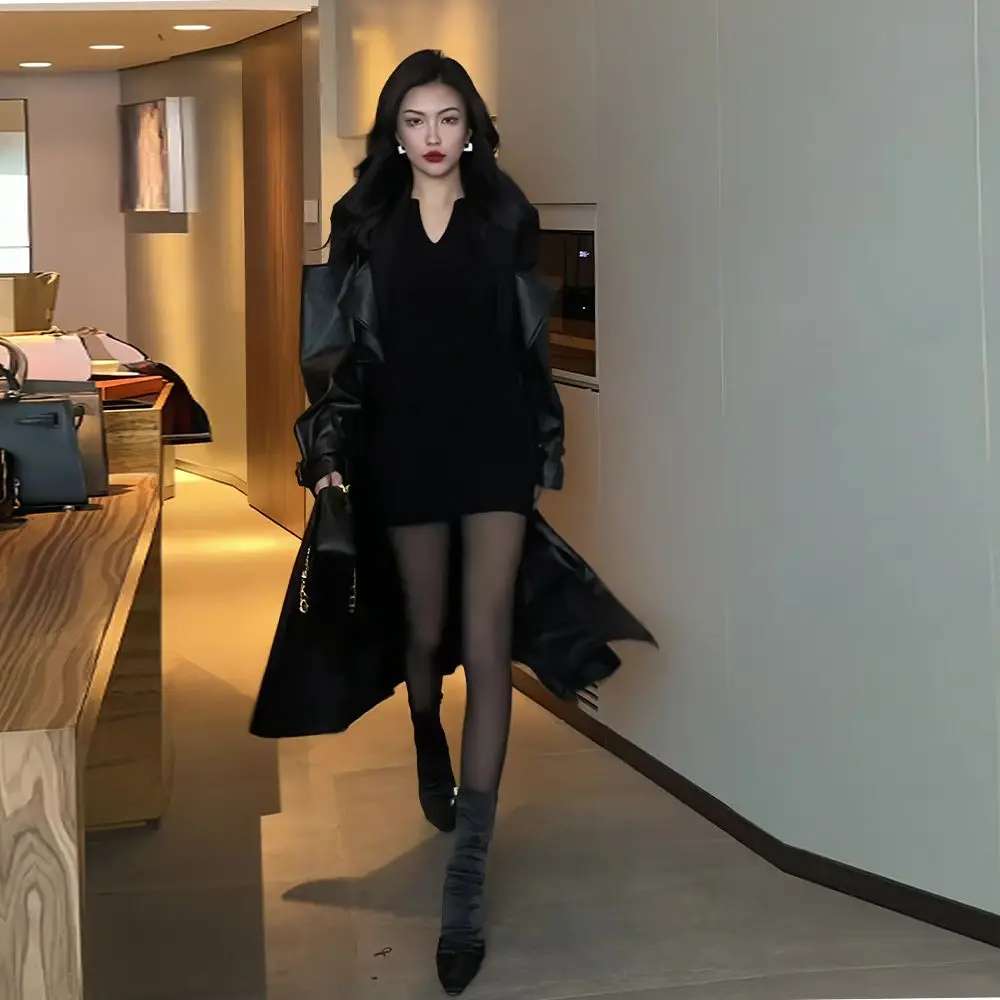 Fashion Patchwork Pu Leather Coat Women Autumn Winter Black Leather Trench Coat Strap Belt Lapel Windbreaker Faux Leather Jacket