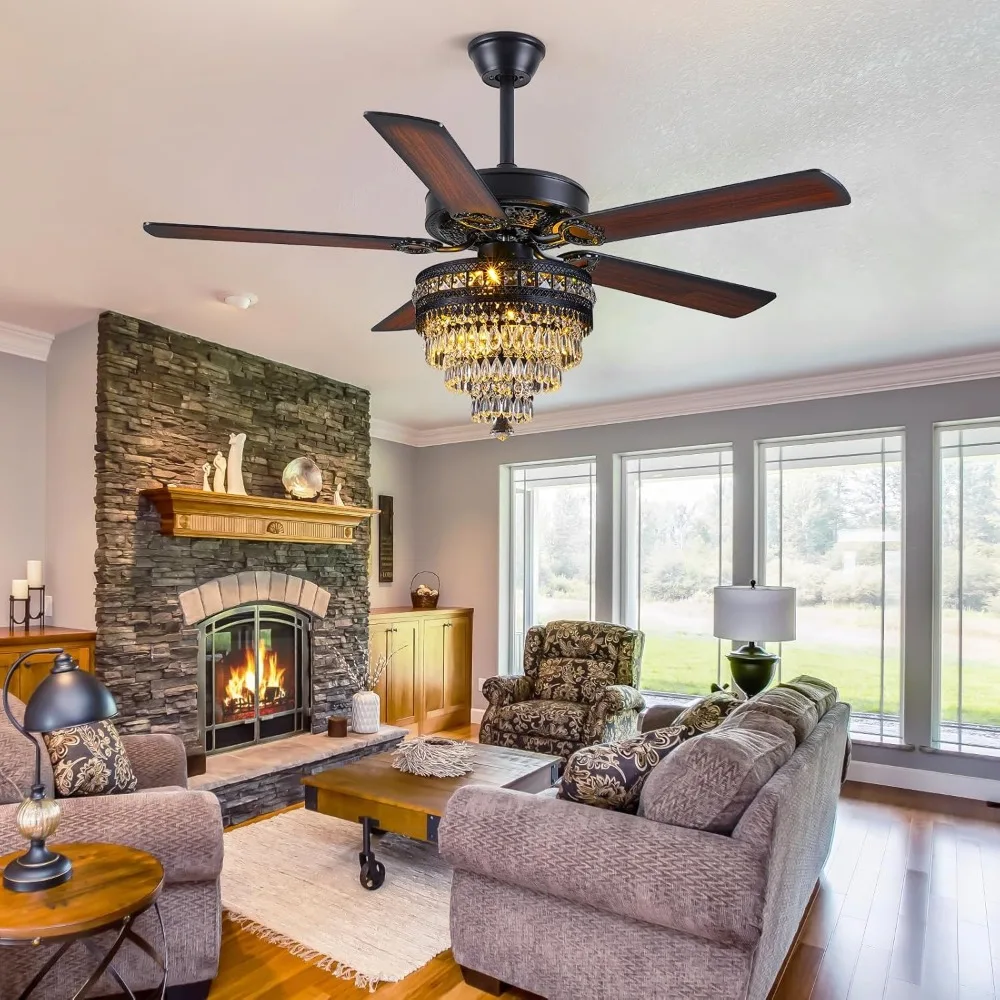 Crystal Ceiling Fan Fandelier with Lights - Modern Outdoor Fans with Remote Control，Noiseless AC Motor, Retro/Farmhouse