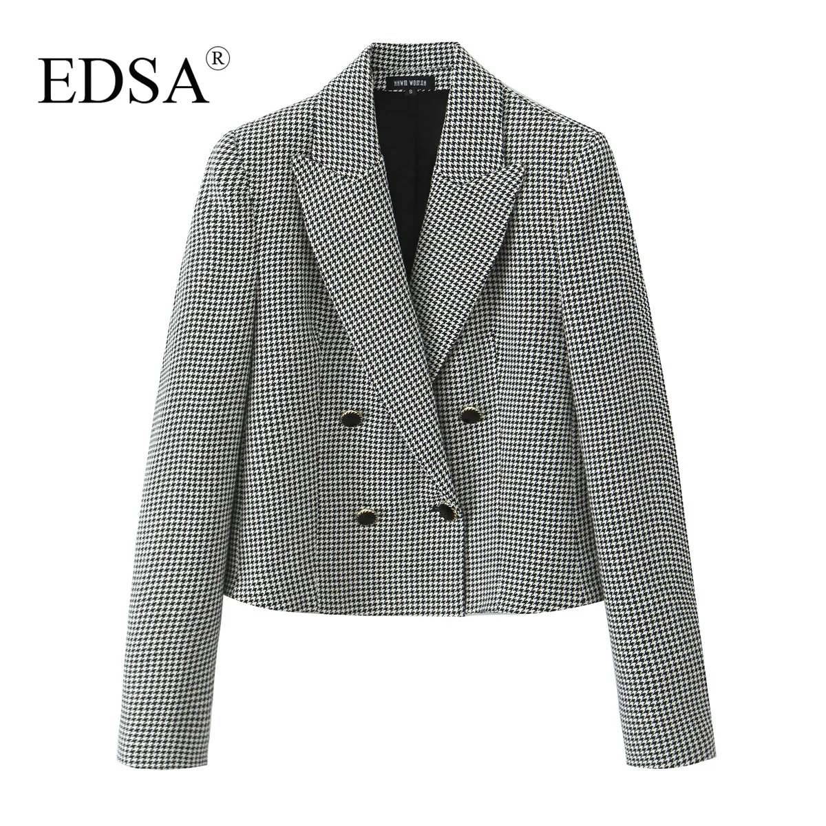 EDSA Damskie spodnie w kratę 2-częściowy zestaw do biura Lady Cropped Bouble Breasted Blazer Jacket & High Waist Straight Long Pants Suits