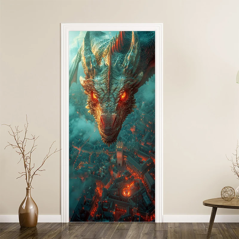 Oriental Fantasy Dragon Anime Door Stickers Anti‑Scratch Waterproof Vinyl Doors Wrap for Home Bedroom Aesthetics Decor