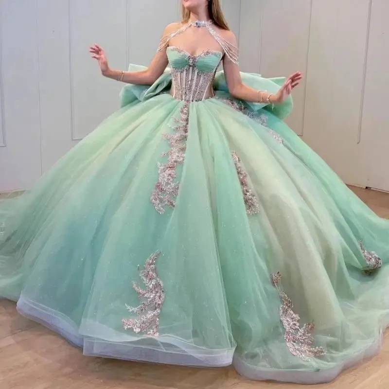 Светло-зеленые блестящие платья Quinceanera с аппликациями и кружевом с бантом и бусинами, тюлевое бальное платье Sweet 16, платье для вечеринки, дня рождения, Vestidos De 15 Ano