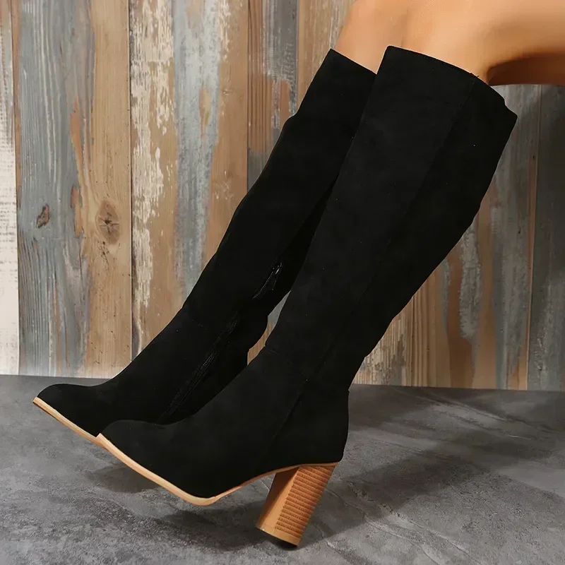 Women Retro High Heels Boots Western Cowboy Chunky Shoes  Winter New Warm Plush Leather Knee High Long Suede Boots 2024