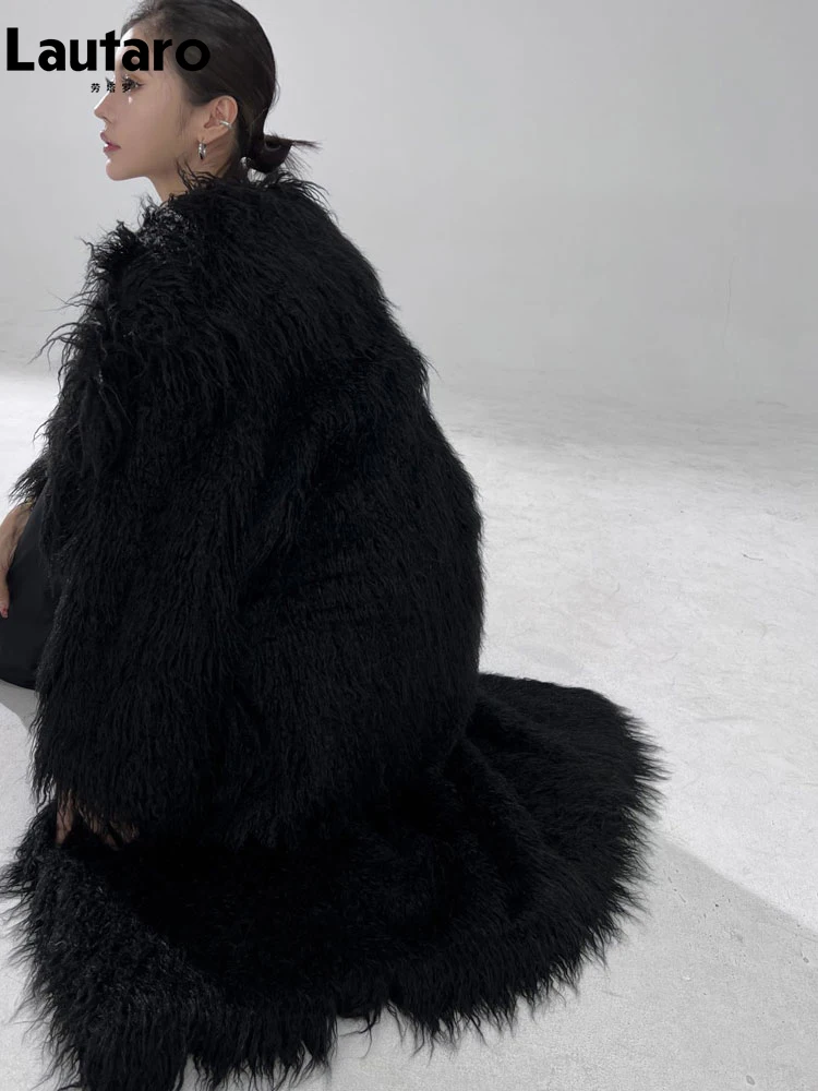 Lautaro Winter Long Black Hairy Shaggy Thick Warm Soft Fluffy Faux Fur Coat Women Sashes Luxury Designer Overcoat Runway Fashion