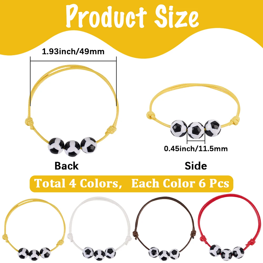 24Pcs 4 Colors Soccer Charm Bracelets Soccer Football Beaded Ball Bracelet Adjustable Wristband Sports Party Favor Gifts for Men