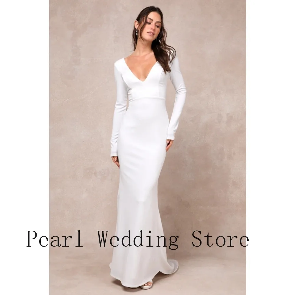 2026 New Sleek Long Sleeve White Evening Gown | Deep V Mermaid Dress with Train for Engagement Party & Pre-Wedding Photoshoot