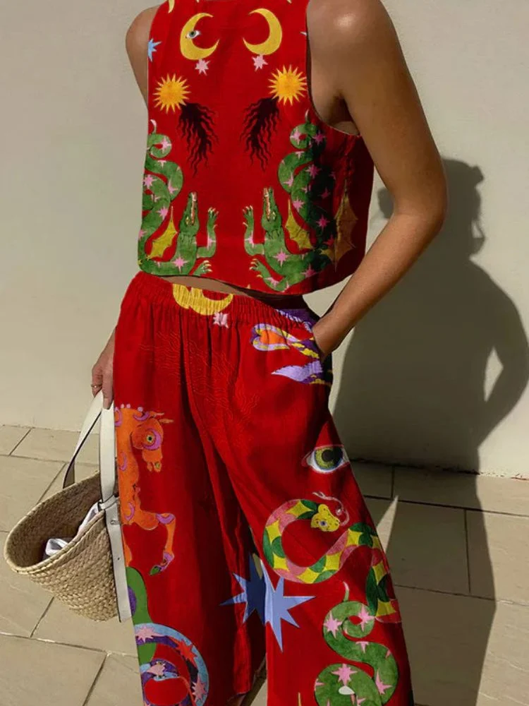 Printed Women Clothing, Sleeveless Short Top Loose Pants 2-piece Set Spring/summer Hawaiian Beach Casual Set Innovative In 2024