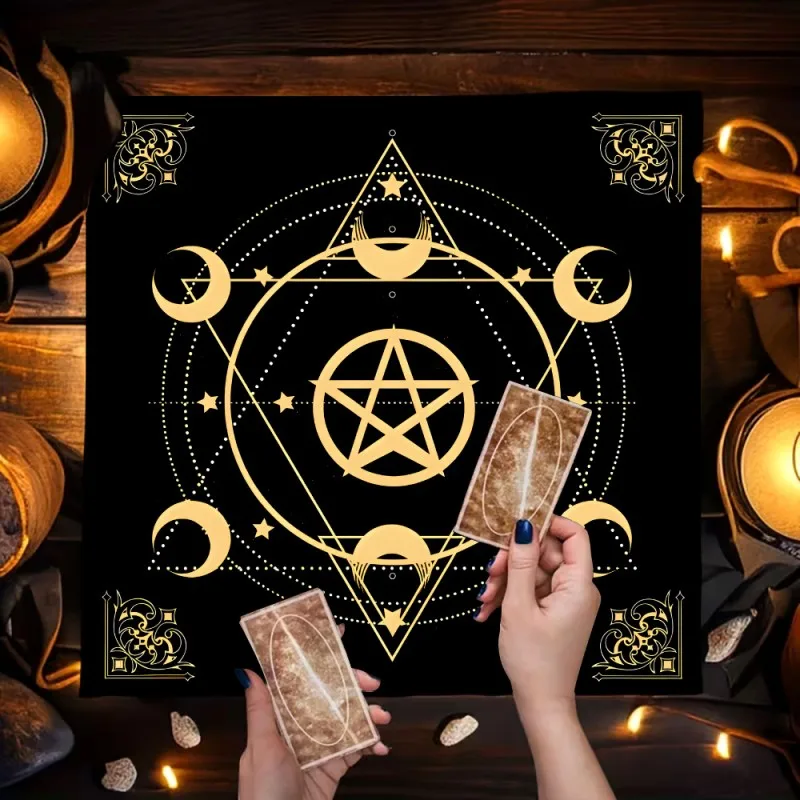 VIKAMA Tarot Tablecloth, European Retro Five-Pointed Star Black Square Constellation Moon Tablecloth, Home Decoration
