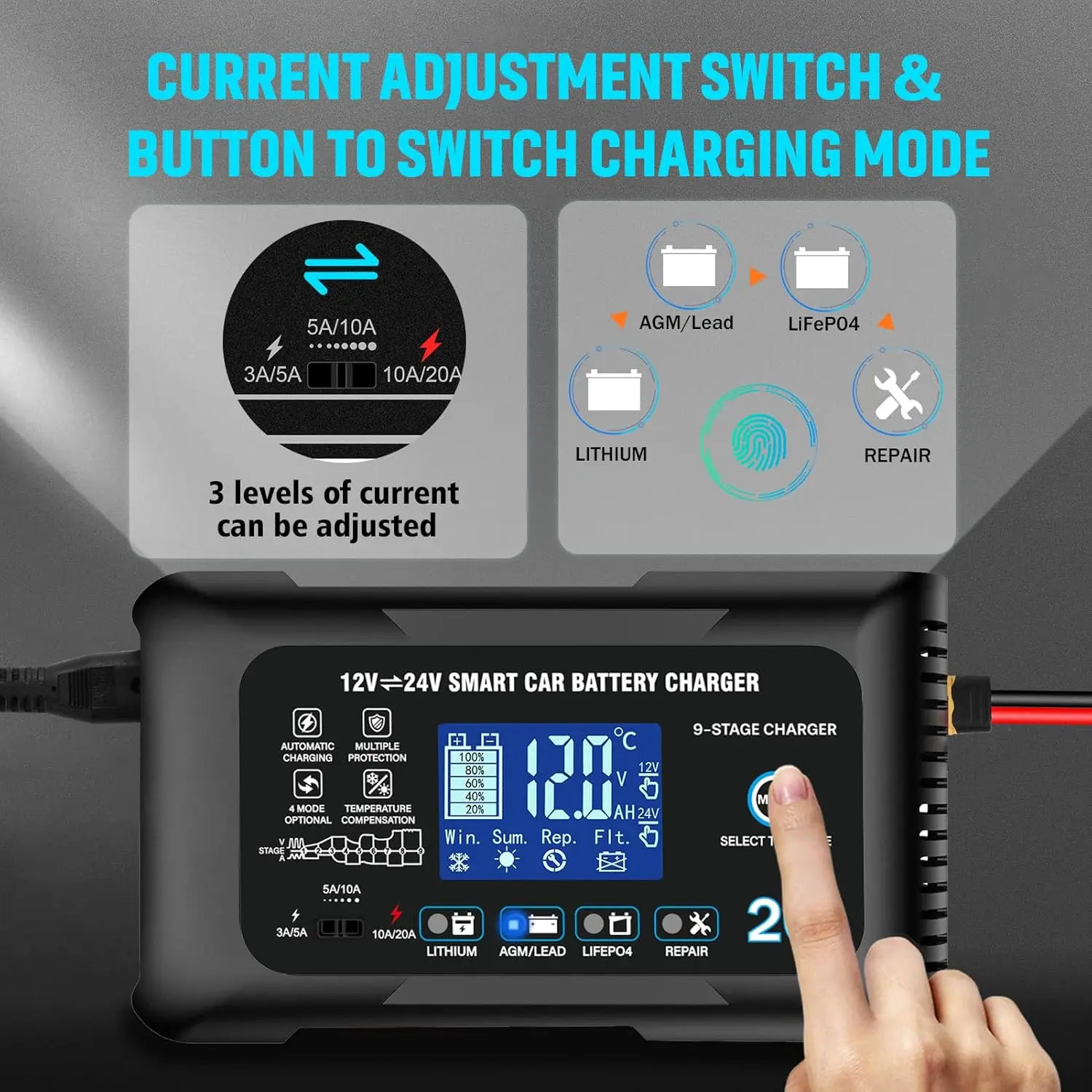 20A Smart Car Battery Charger for Lead-Acid, Lithium, LiFePO4 - Automatic Maintainer with Overcharge Protection