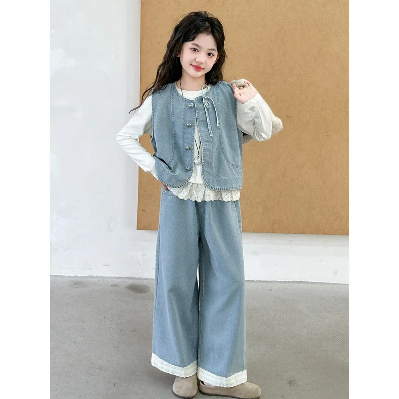 

Girls' Suit Autumn 2026 New Foreign-style Children's Denim Vest Wide-leg Pants Medium and Older Children Three-piece Set