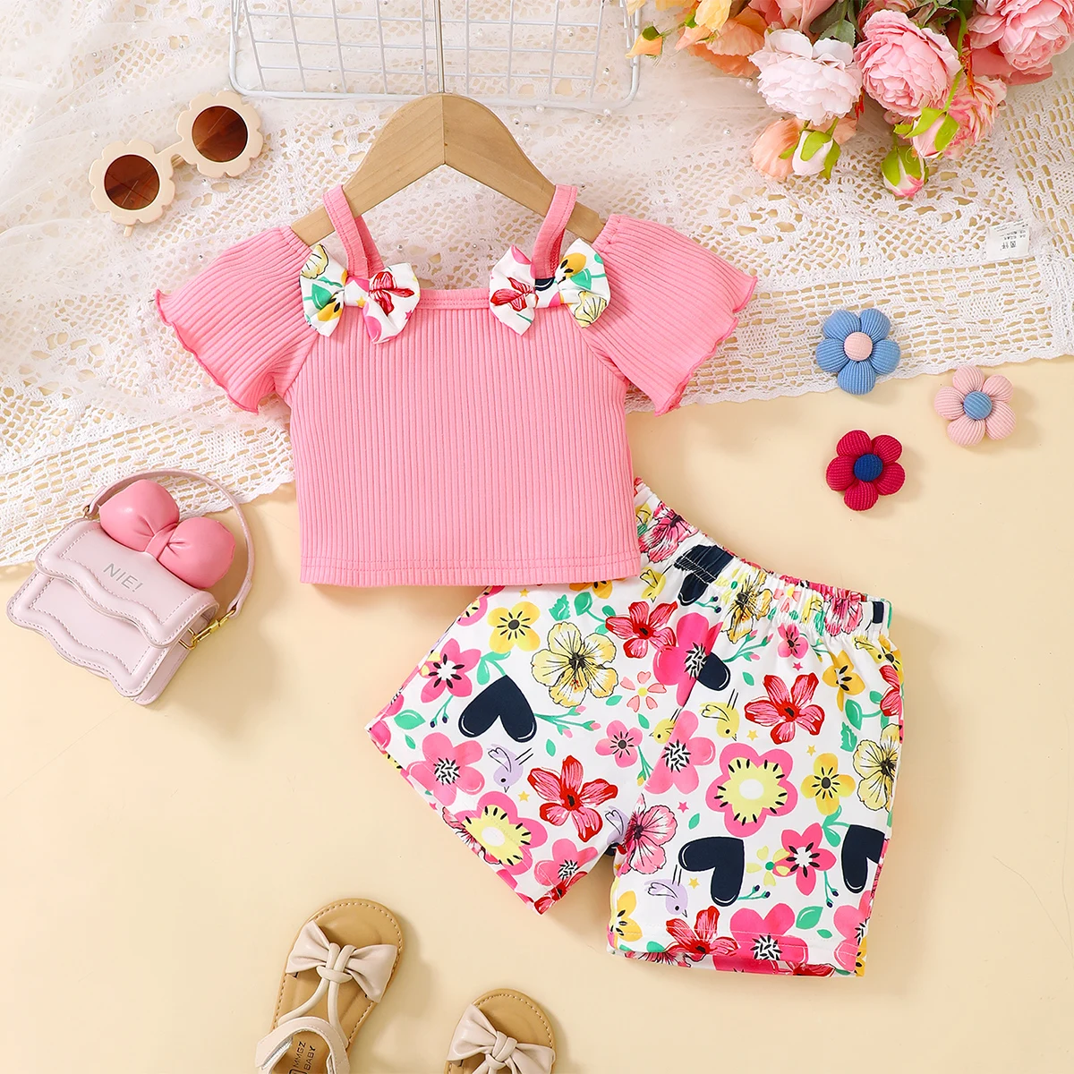 2pcs Baby girl Off Shoulder Bow Top+Colorful Printed Shorts Summer Fashion Sets 0-3 Year Baby Gir Beach vacation Casual Clothing