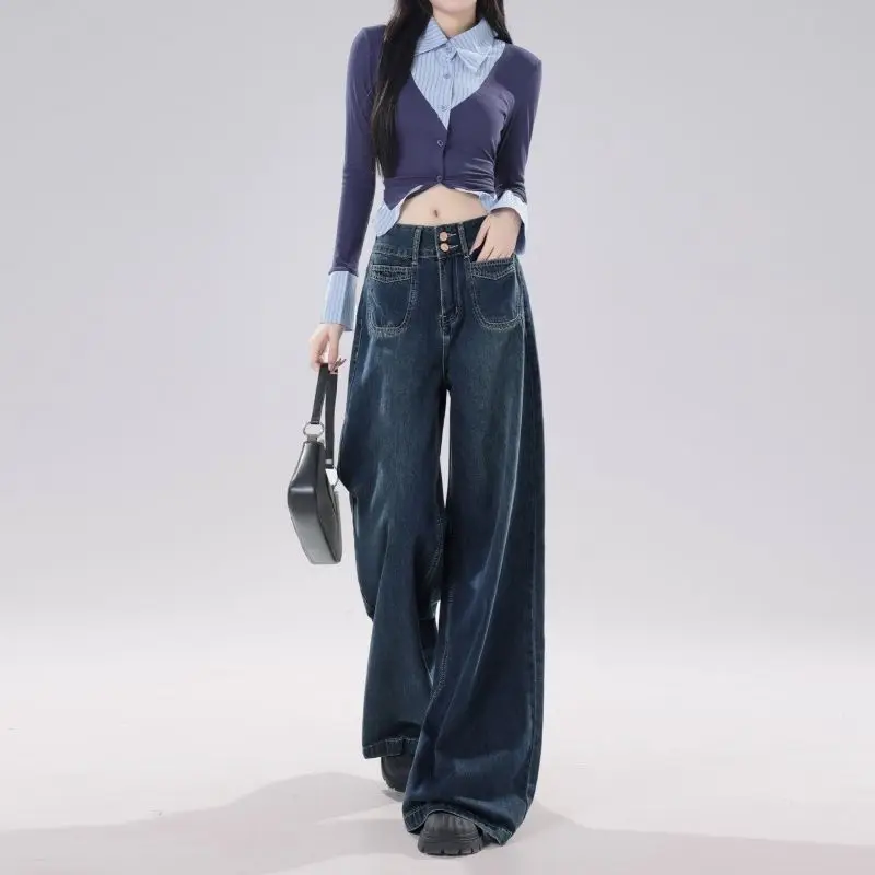 

Deep Blue High-waisted Wide-leg Jeans for Women Spring 2025 New Style Retro Loose Slimming Straight Drape Floor-length Trousers