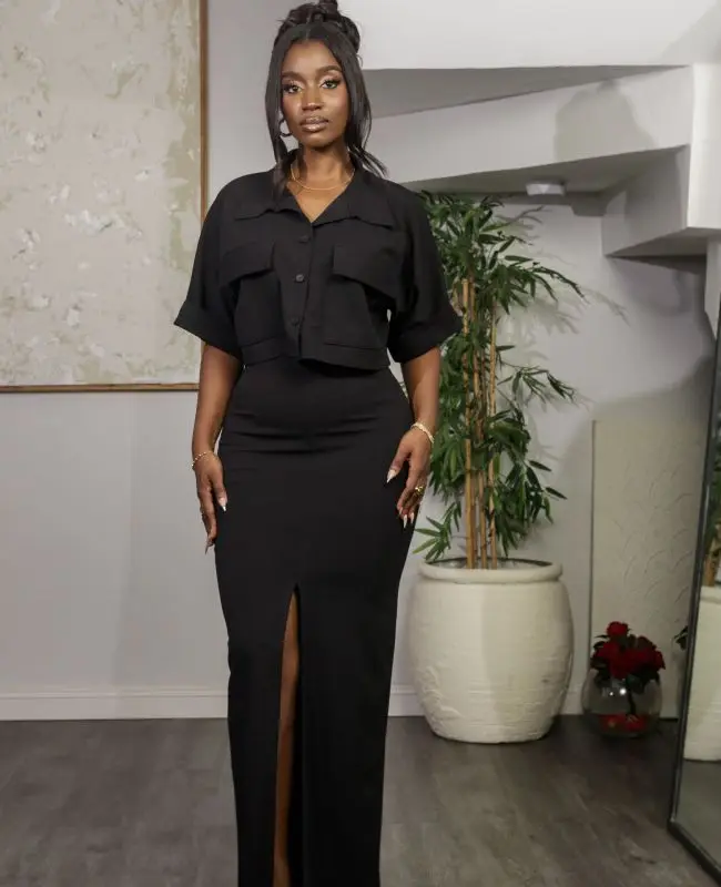 BKLD ملابس النساء بلون 2025 صيف جديد بدوره إلى أسفل طوق قميص المحاصيل القمم سليم صالح سبليت تنورة مجموعات قطعتين وتتسابق #2