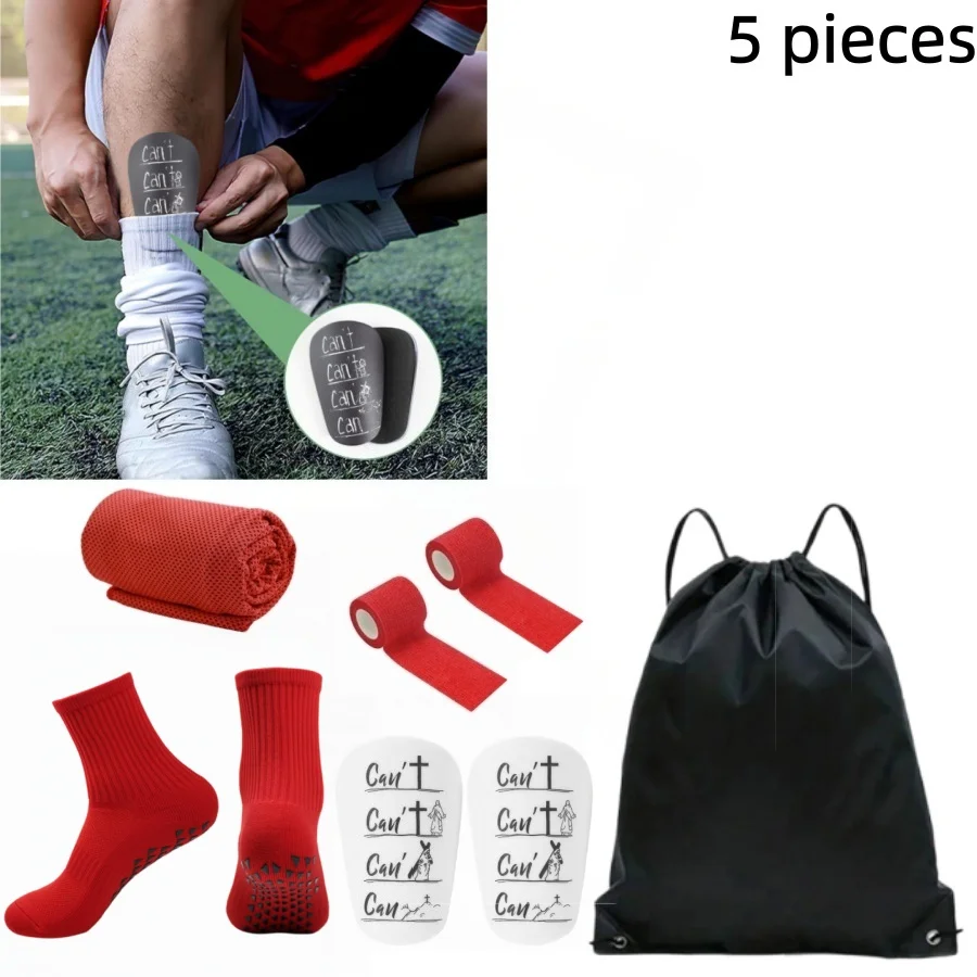 Soccer Protective 5Pieces Set Shin Pads Football Socks Cooling Towel Self‑Sticky Tape Storage Bag for Football Training
