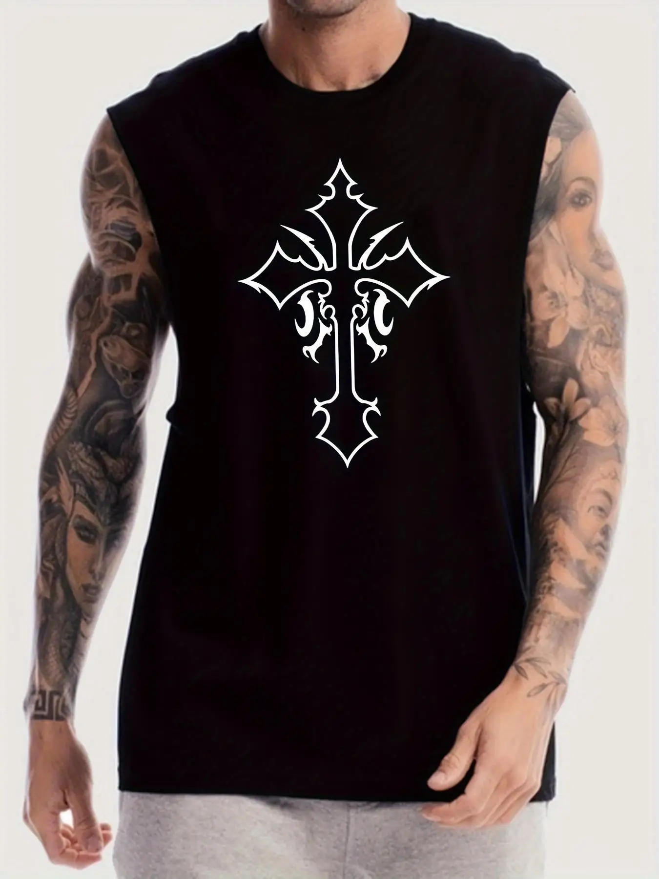 

Cross-shaped pattern printed casual t-shirt, loose and comfortable sports t-shirt