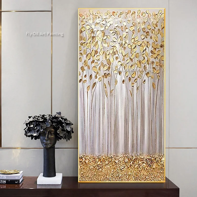 Abstract Golden Forest Oil Painting Modern Goil Foil Knife Thick Canvas Artwork Special Tree Scape Landscape Wall Art Room Decor