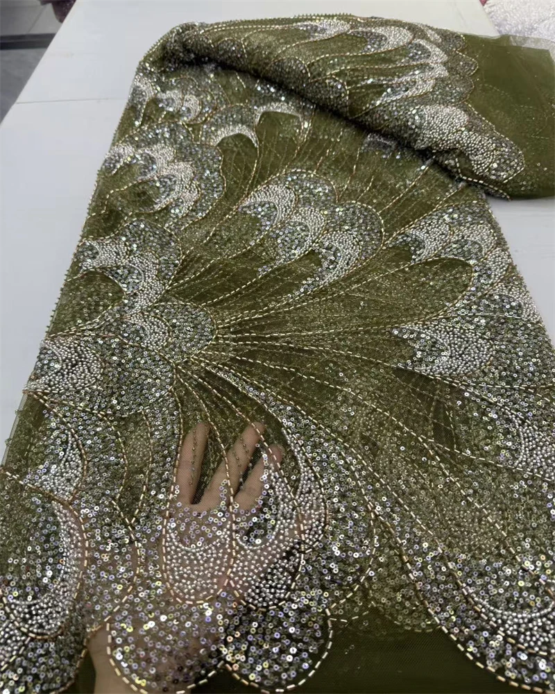 

African Beaded Lace Fabric 5 Yards 2026 High Quality Nigerian Wedding Material Luxury Sequins Beads French Fabric for Dresses