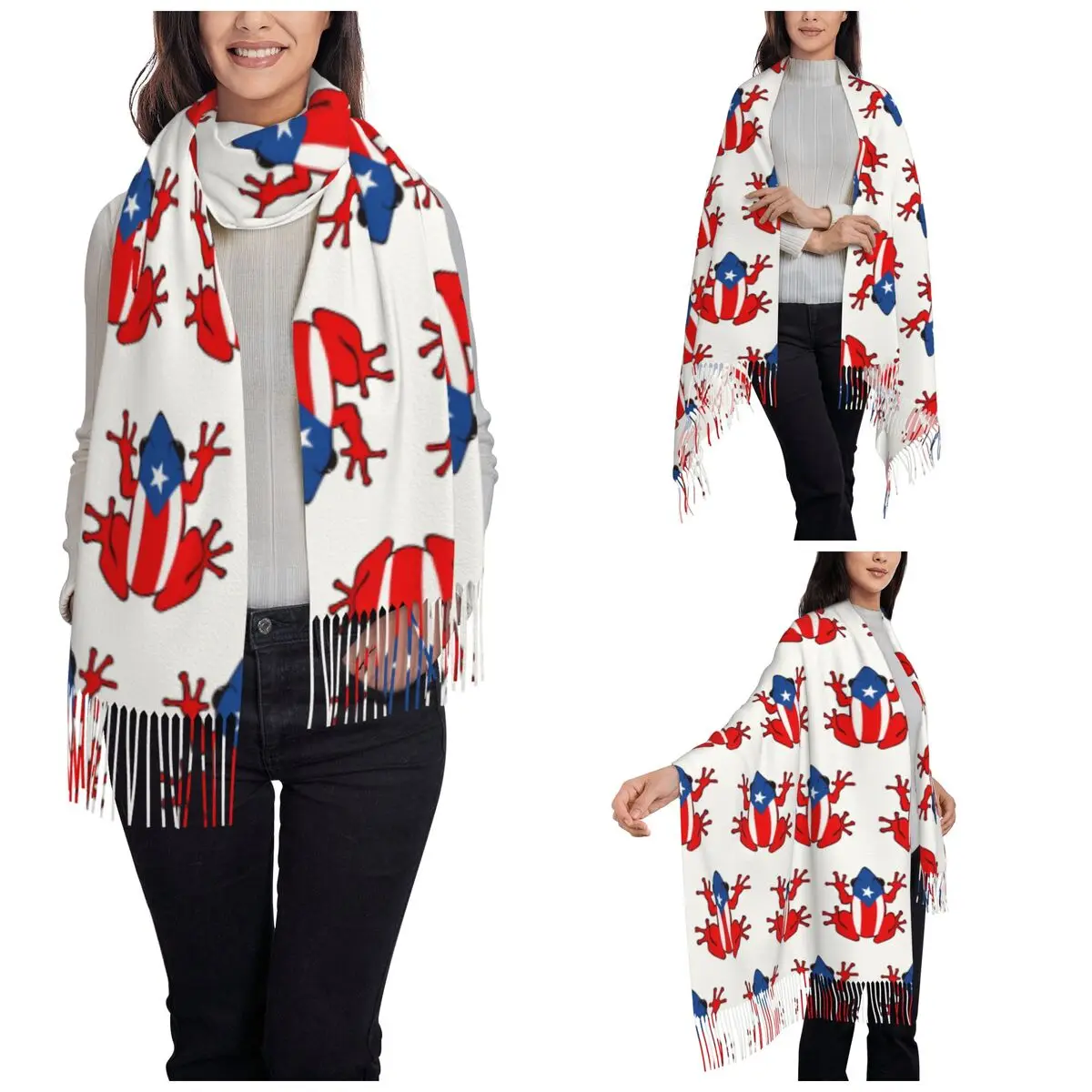 Womens Scarf with Tassel Coqui Puerto Rican Frog Long Winter Fall Shawl Wrap Gifts Pashmina Scarves